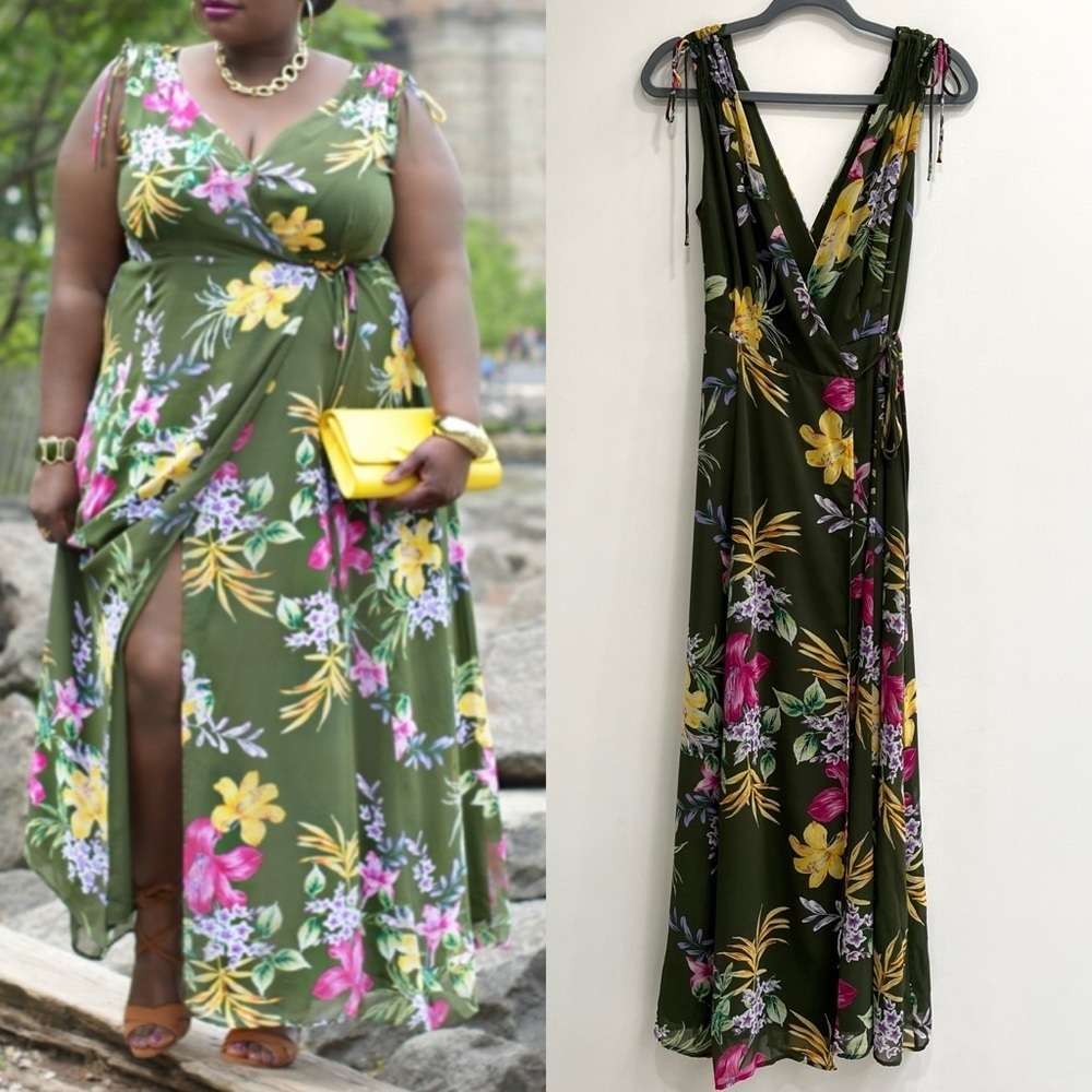 Eva Mendez floral wrap maxi dress olive green pink yellow sleeveless size XS